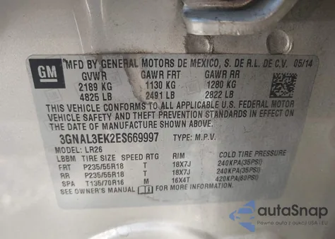 2014 Chevrolet Captiva Sport Lt из США, поврежденный, VIN 3GNAL3EK2ES669997